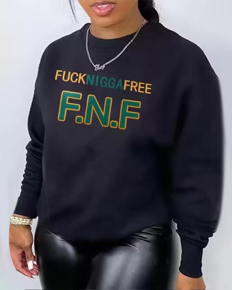 

Plus Size Letter Print Long Sleeve Casual Sweatshirt, Black