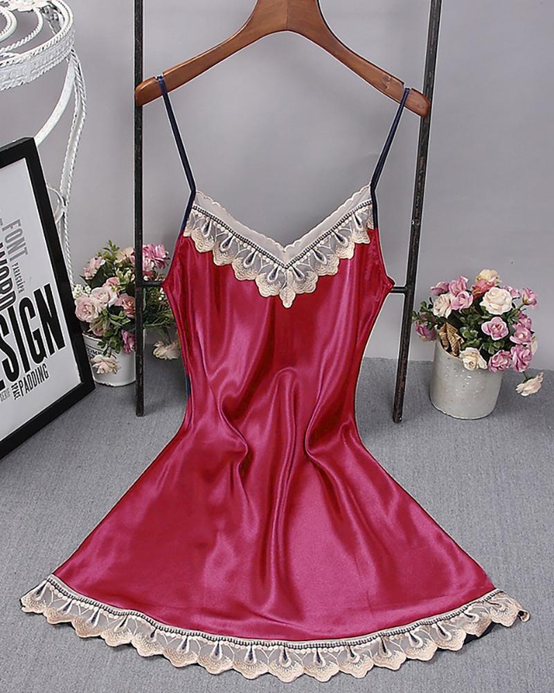 

Spaghetti Strap Lace Trim Satin Sleepwear Cami Dress, Wine red