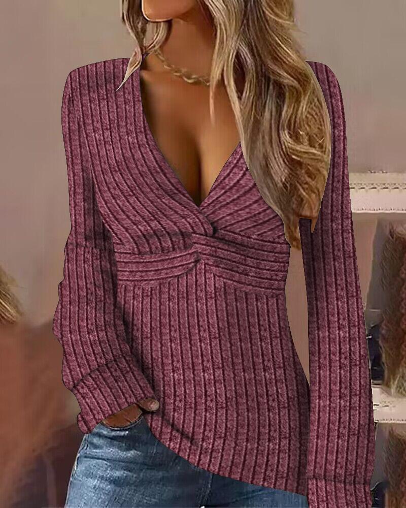 

Twisted V-Neck Long Sleeve Knit Top, Red