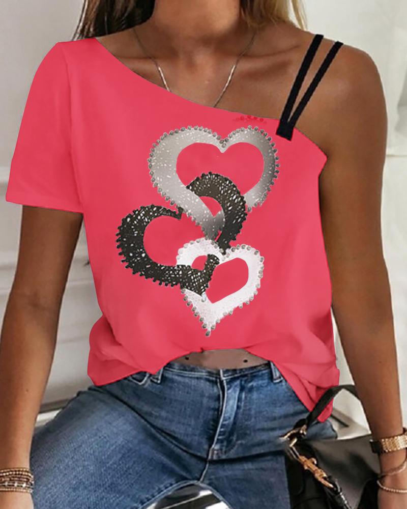 

Heart Print Asymmetrical Neck T-shirt, Hot pink