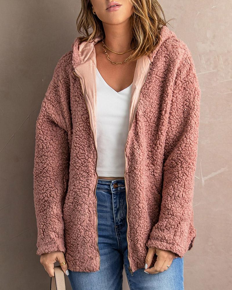 

Zipper Front Long Sleeve Hooded Teddy Coat, Pink