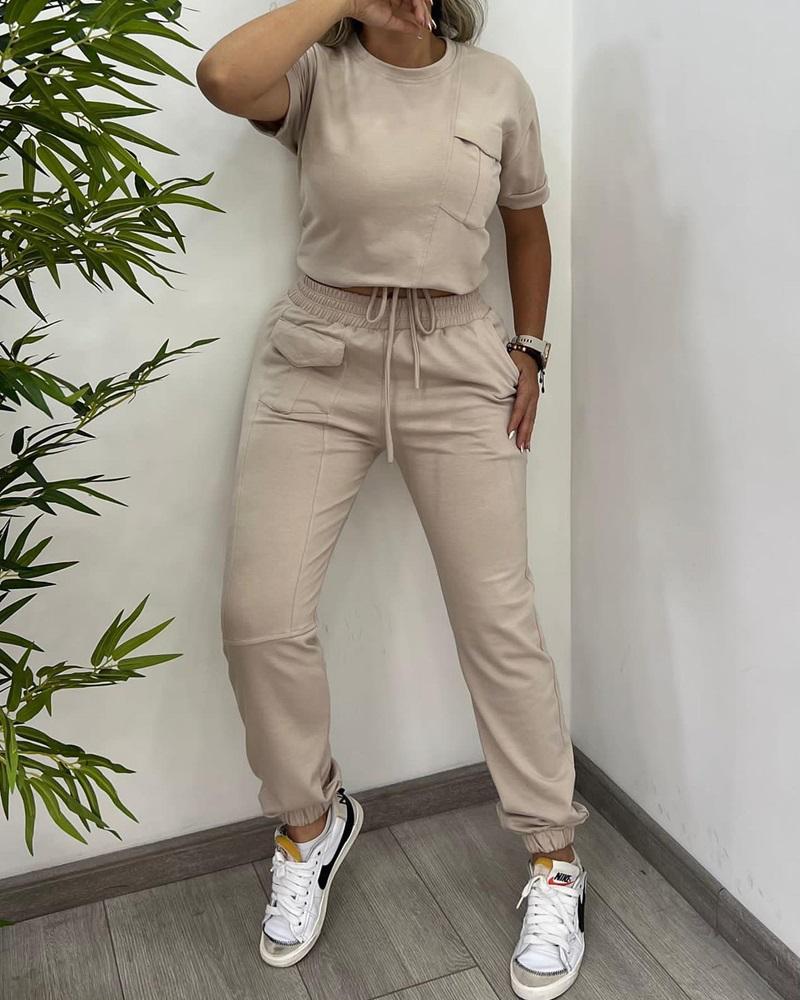 

Pocket Design Top & Drawstring Cuffed Pants Set, Apricot