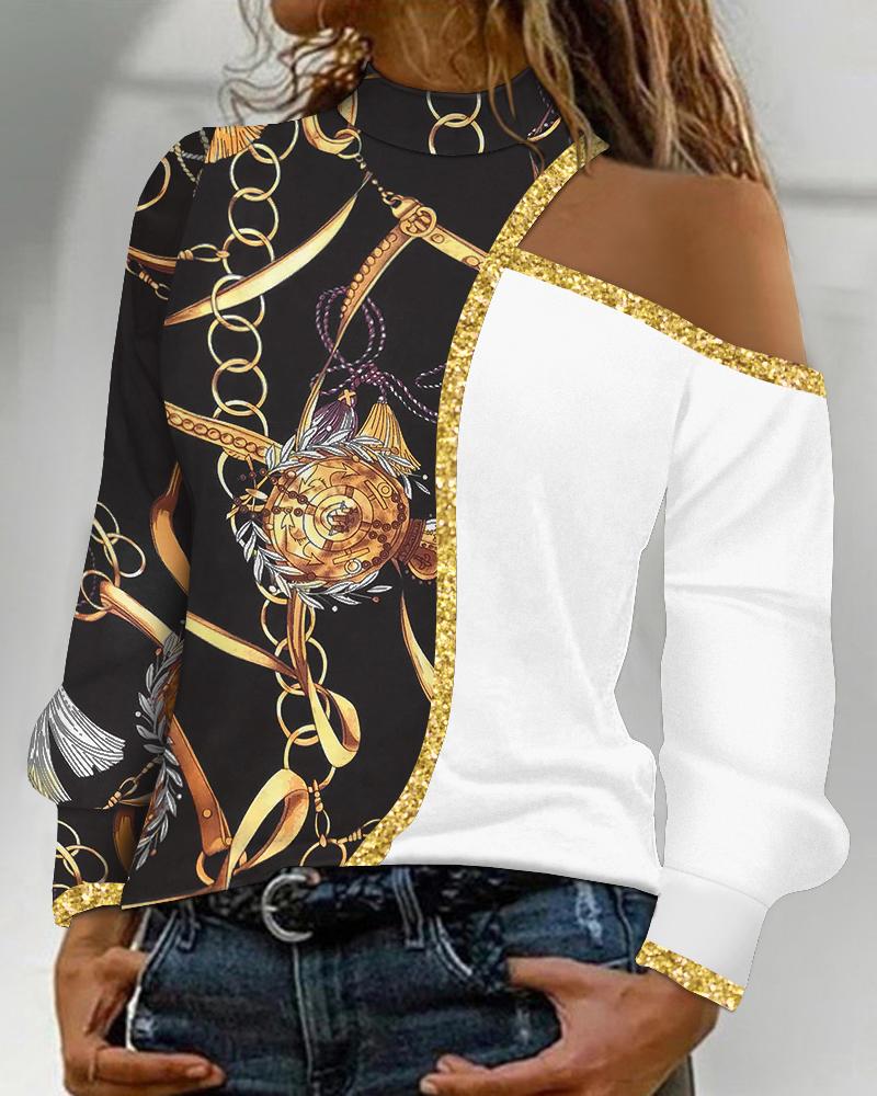 

Colorblock Baroque Print Cold Shoulder Top, Blackwhite