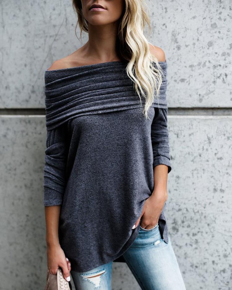 

Stylish Ruched Fold-over Casual Blouse, Gray