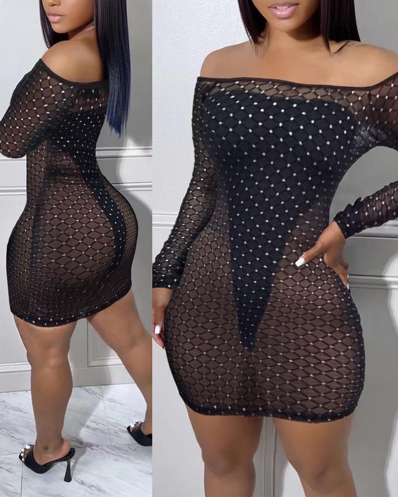 

Rhinestone Sheer Mesh Bodycon Dress With Bodysuit, Black