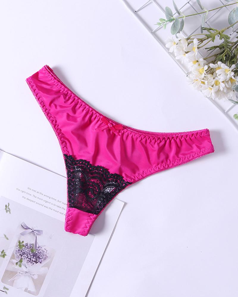 

Sexy Women Lace Patchwork Low Waist Thong In Solid Color, Hot pink