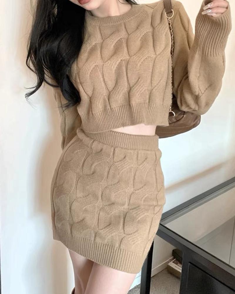 

Cable Knit Long Sleeve Sweater & Skirt Set, Khaki