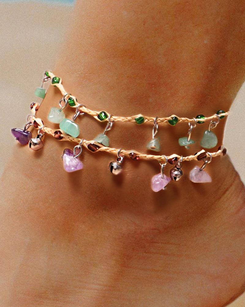 

1pc Bohemian Crystal Stone Beaded Tassel Anklet, Purple