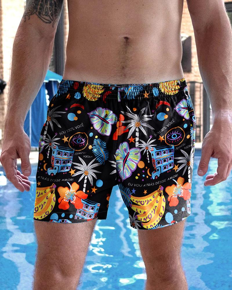 

Cartoon Beach Print Straight Loose Short Pants, Multicolor