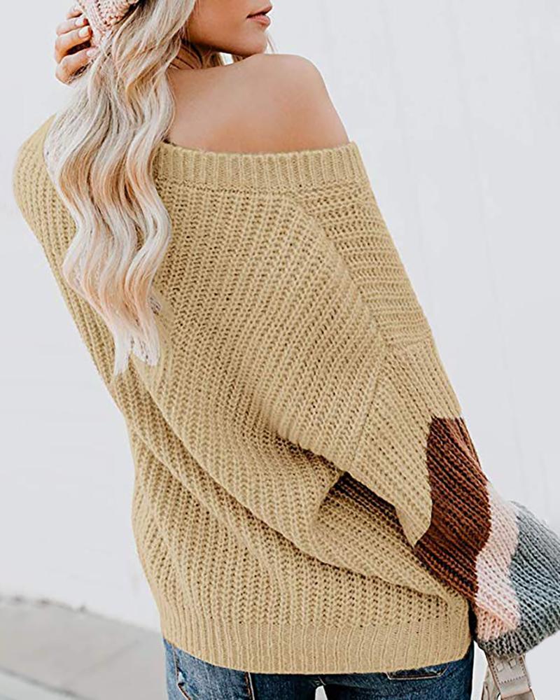 

V Neck Long Striped Sleeve Casual Sweater, Khaki