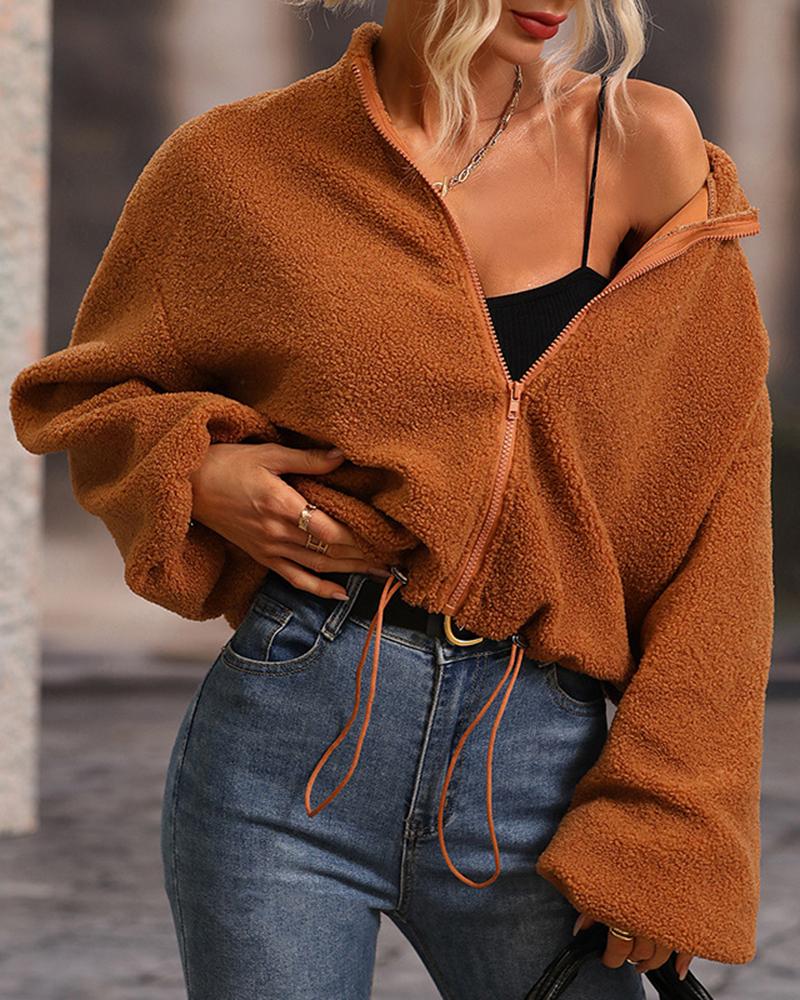 

Zipper Design Lantern Sleeve Teddy Coat, Brown
