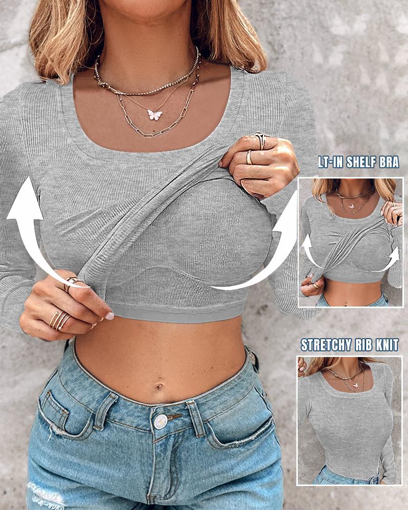 

Top acanalado de manga larga con sujetador incorporado con cuello en U, Light gray