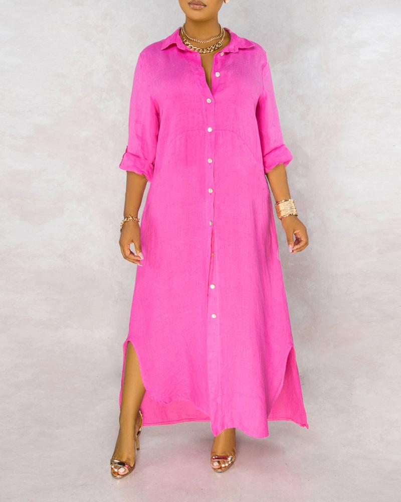 

Long Sleeve Button Design Slit Shirt Dress, Hot pink