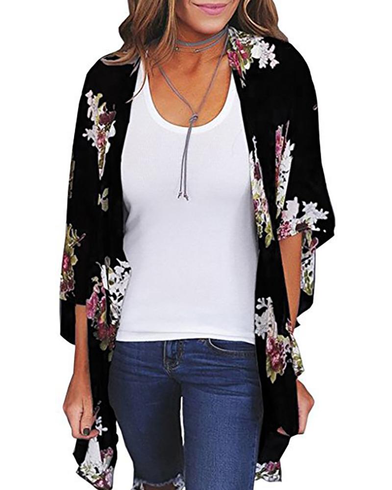 

Floral Print Long Sleeve Cover Up, Black