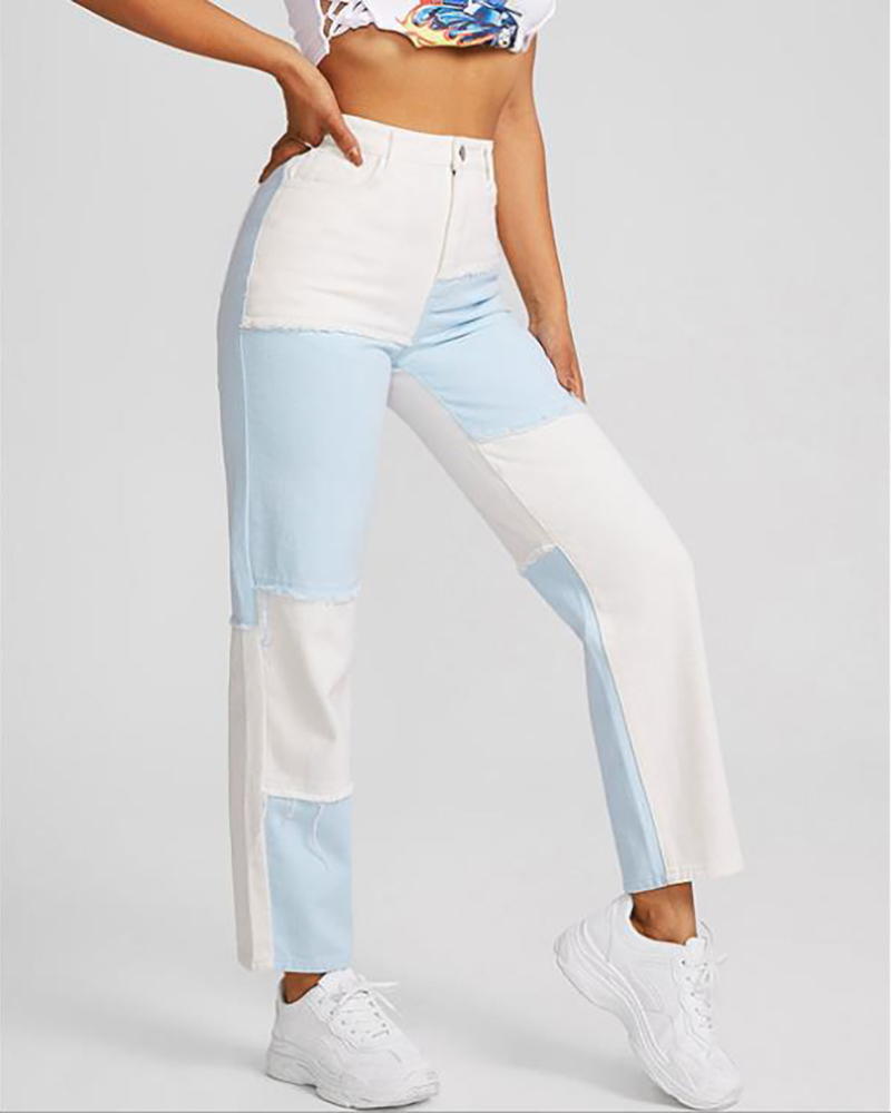 

Colorblock High Waist Single Button Denim Pants, Multicolor