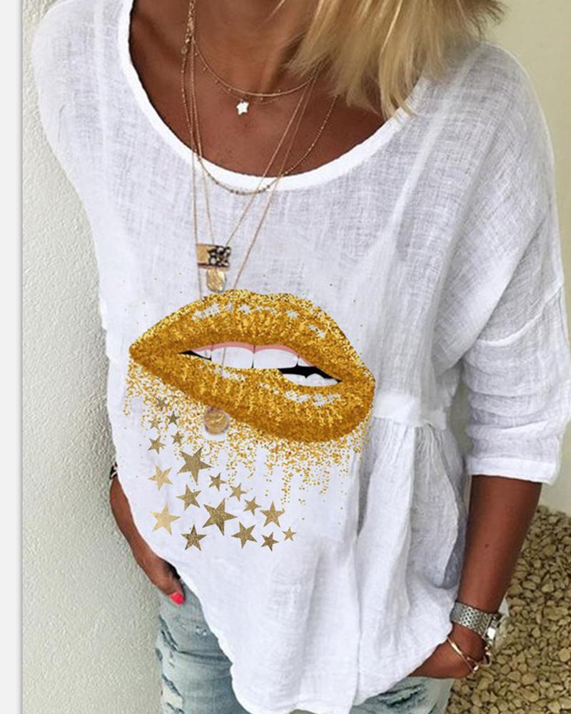

Lip Star Print Half Sleeve T-shirt, White