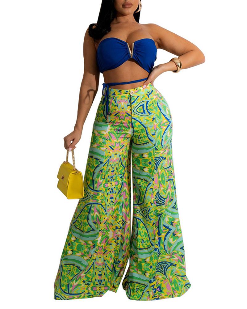 

Bandeau Crop Top & Abstract Print Wide Leg Pants Set, Blue
