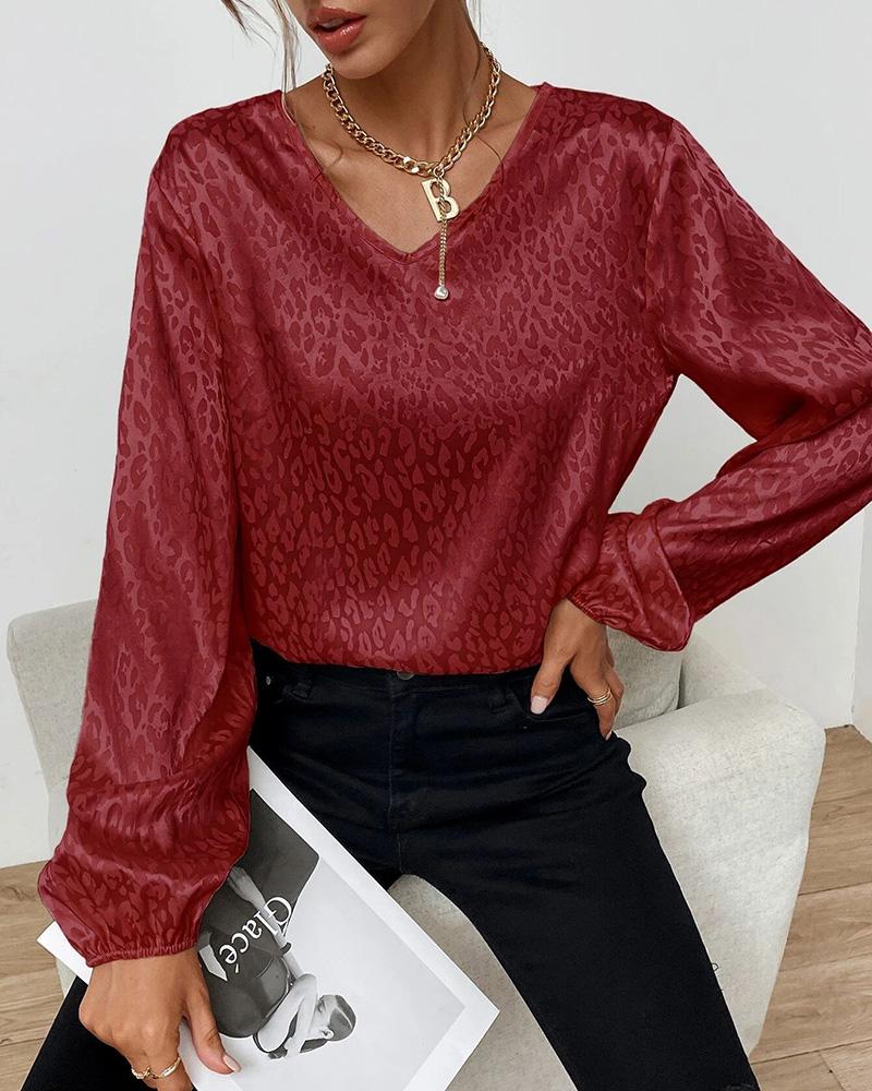 

Cheetah Print Lantern Sleeve Top, Wine red