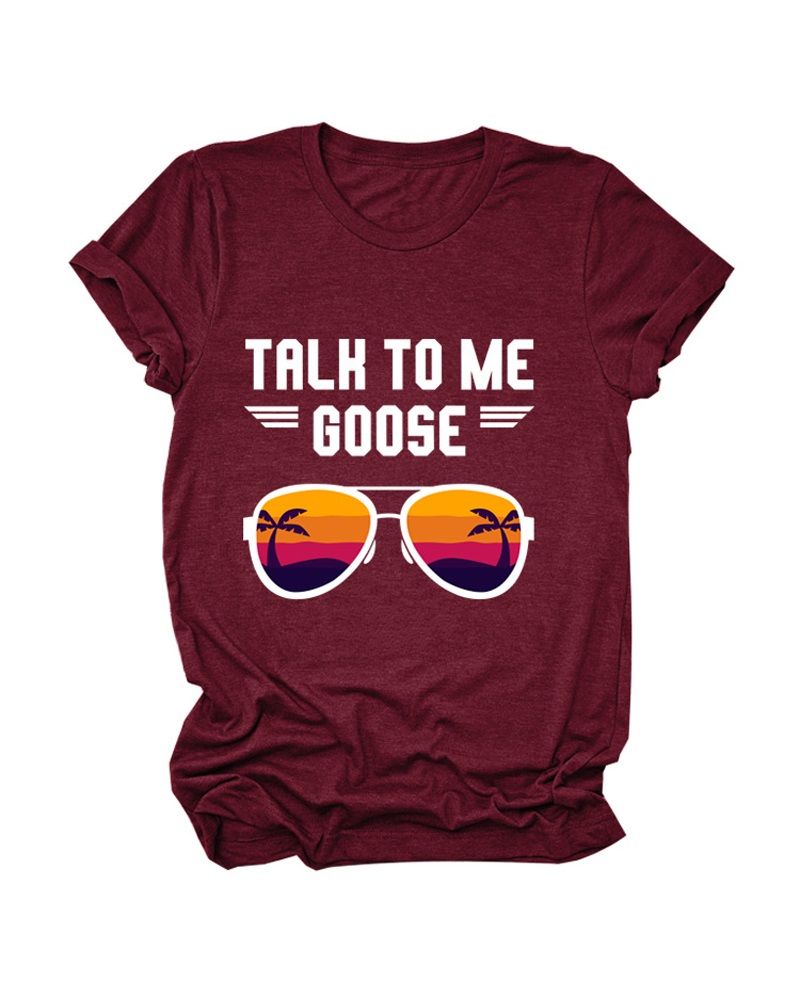 

Letter Print Short Sleeve Casual T-shirt, Wine red