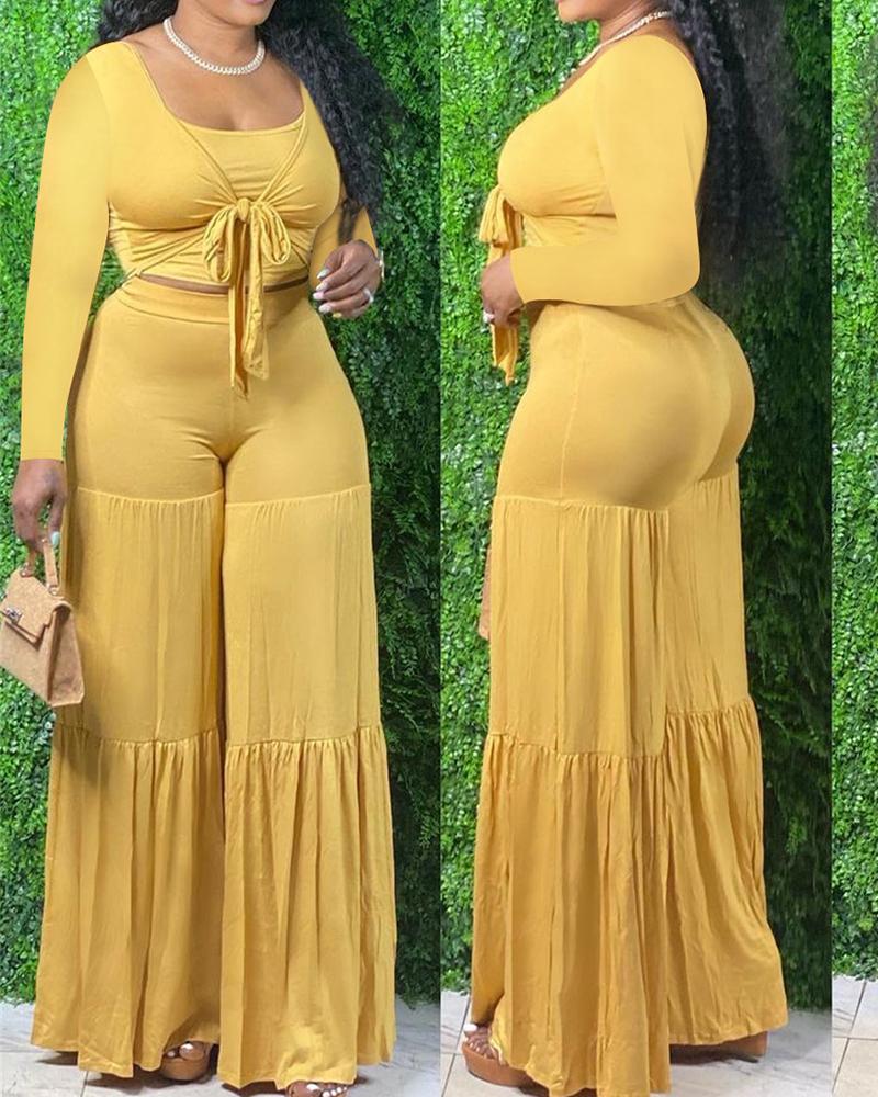 

Solid Knot Front Crop Top & Wide Leg Pants Set, Yellow