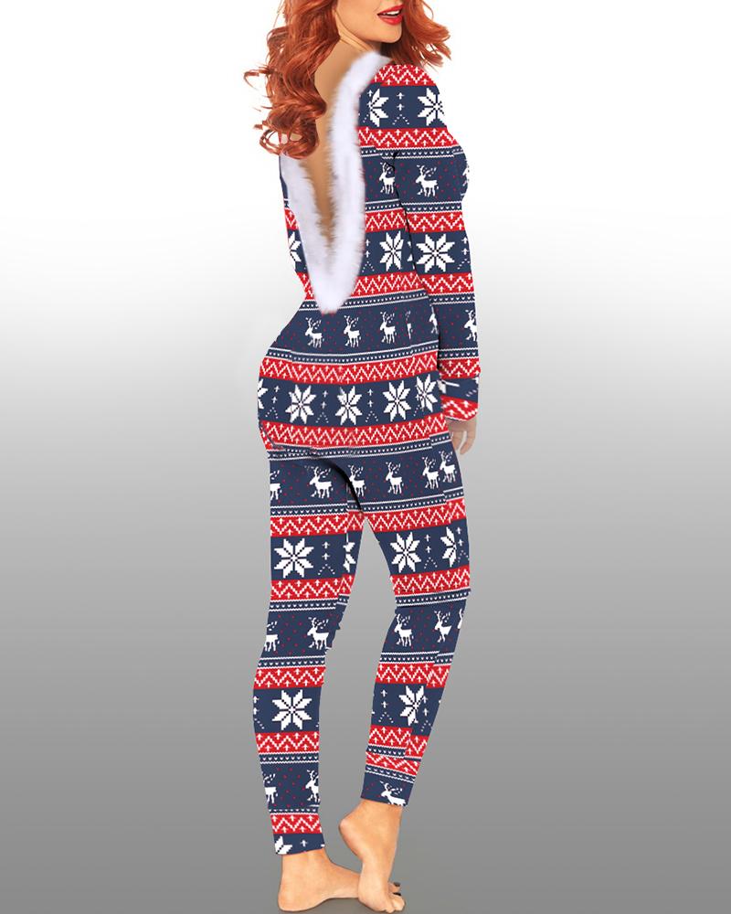 

Christmas Deer Snowflake Print Backless Lounge Jumpsuit, Multicolor