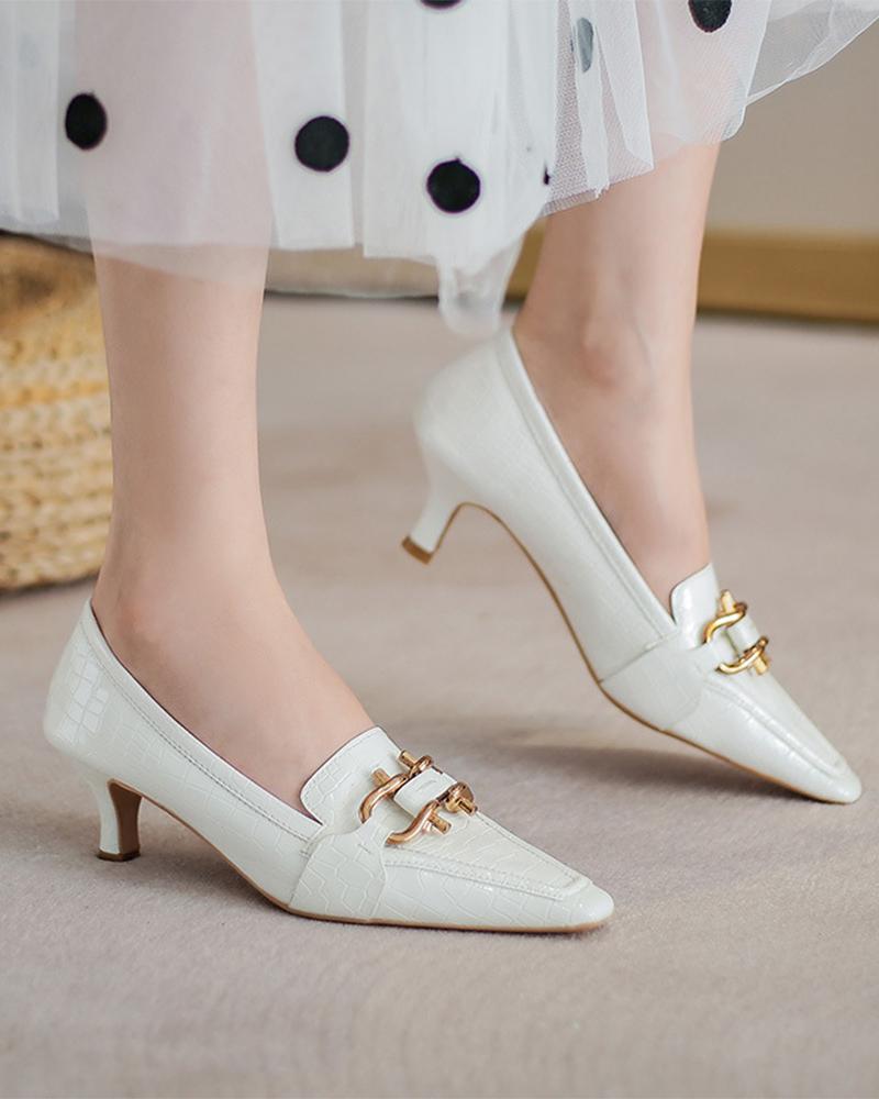 

Pointed-toe Solid Color Snakeskin Print Splicing Chain Pump Heels, White