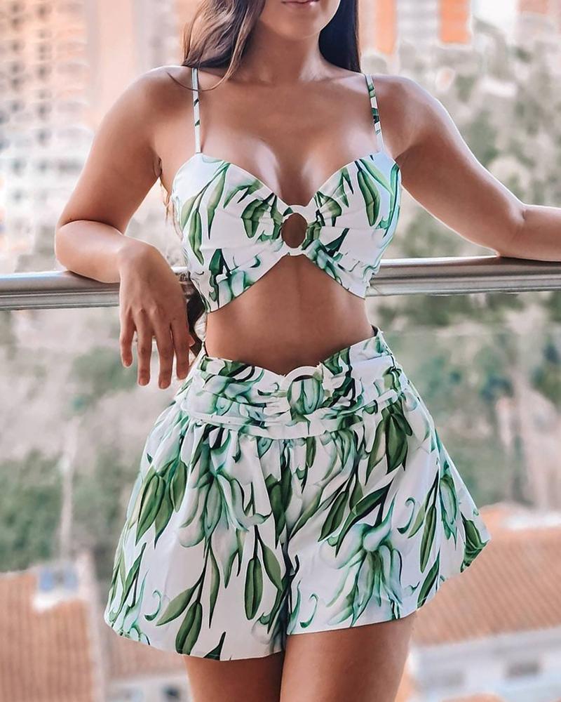 

Floral Print Spaghetti Strap Top & Shorts Set, Green