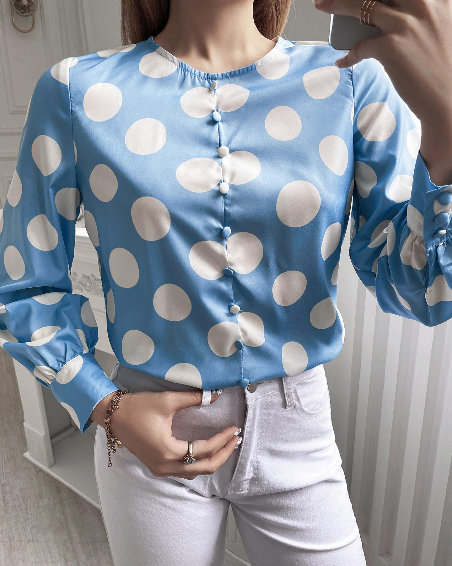 

Polkadot Print Lantern Sleeve Buttoned Top, Blue