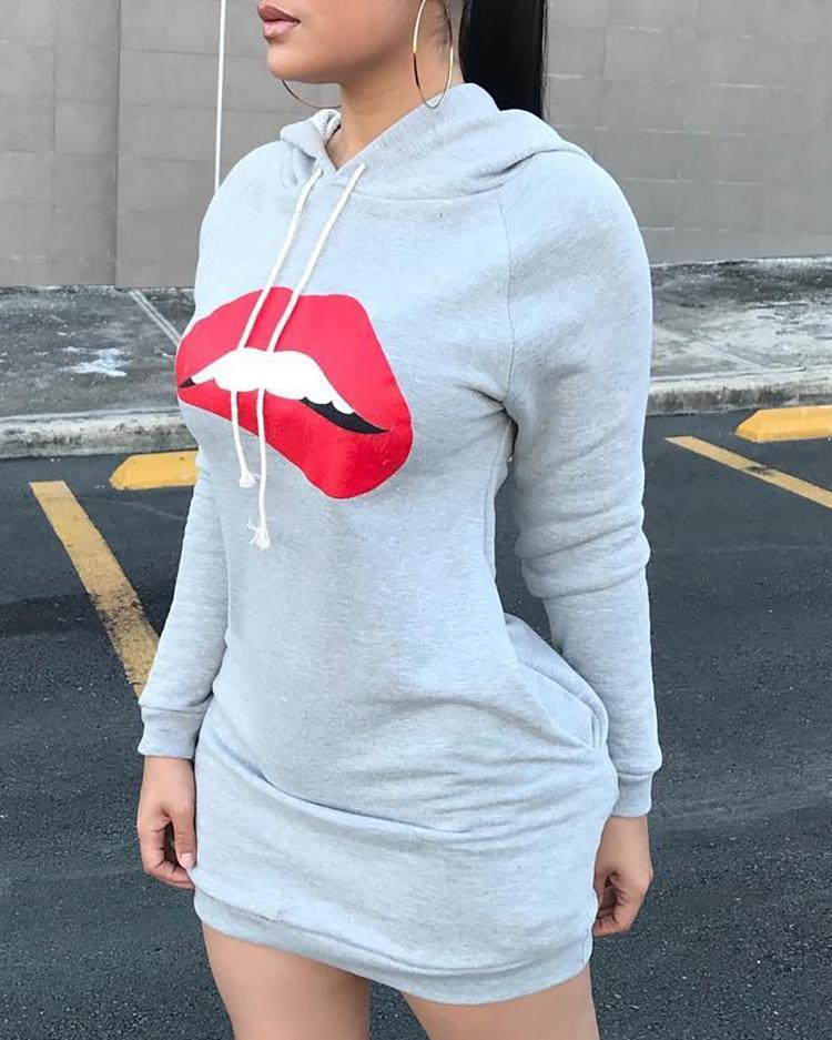 

Lip Print Hooded Sweatshirt Dress, Gray