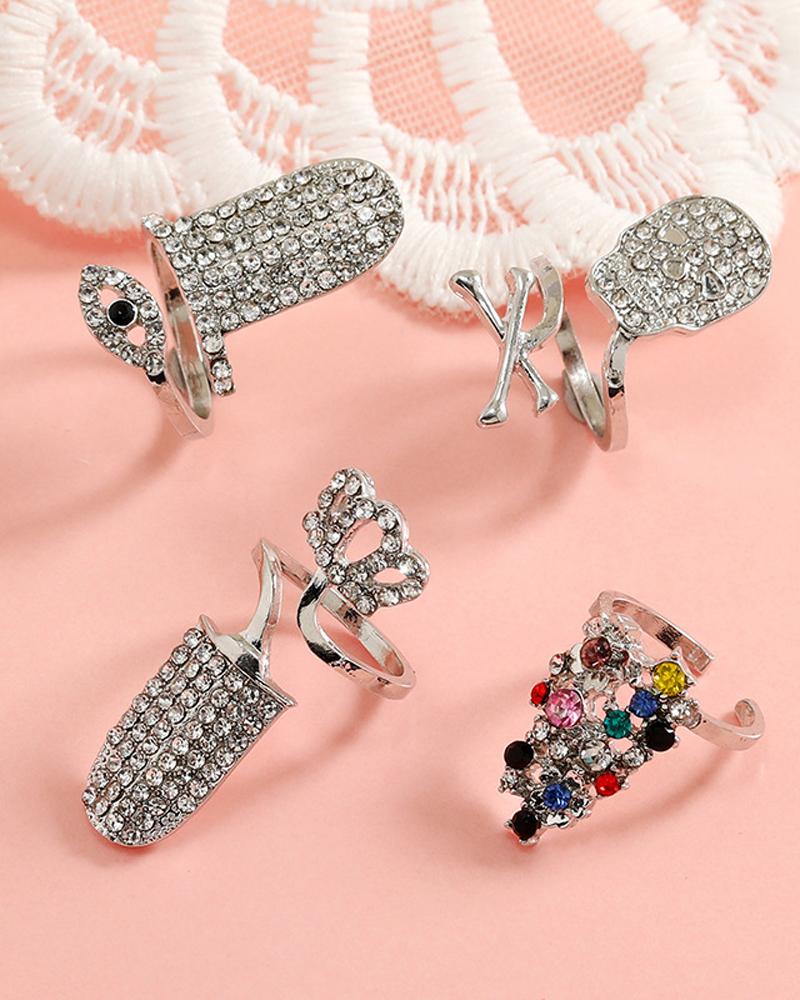 

4PCS Eyes Crown Skull Shaped Rhinestone Decor Cuff Ring Set, Silver