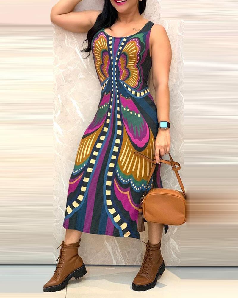 

Butterfly Pattern Print Colorblock Tank Dress, Purple