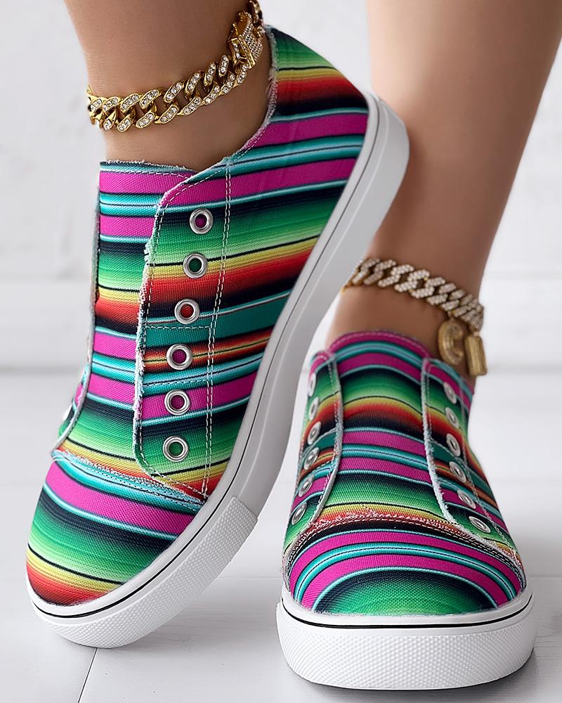 

Rainbow Stripe Print Eyelet Canvas Slip-On, Multicolor