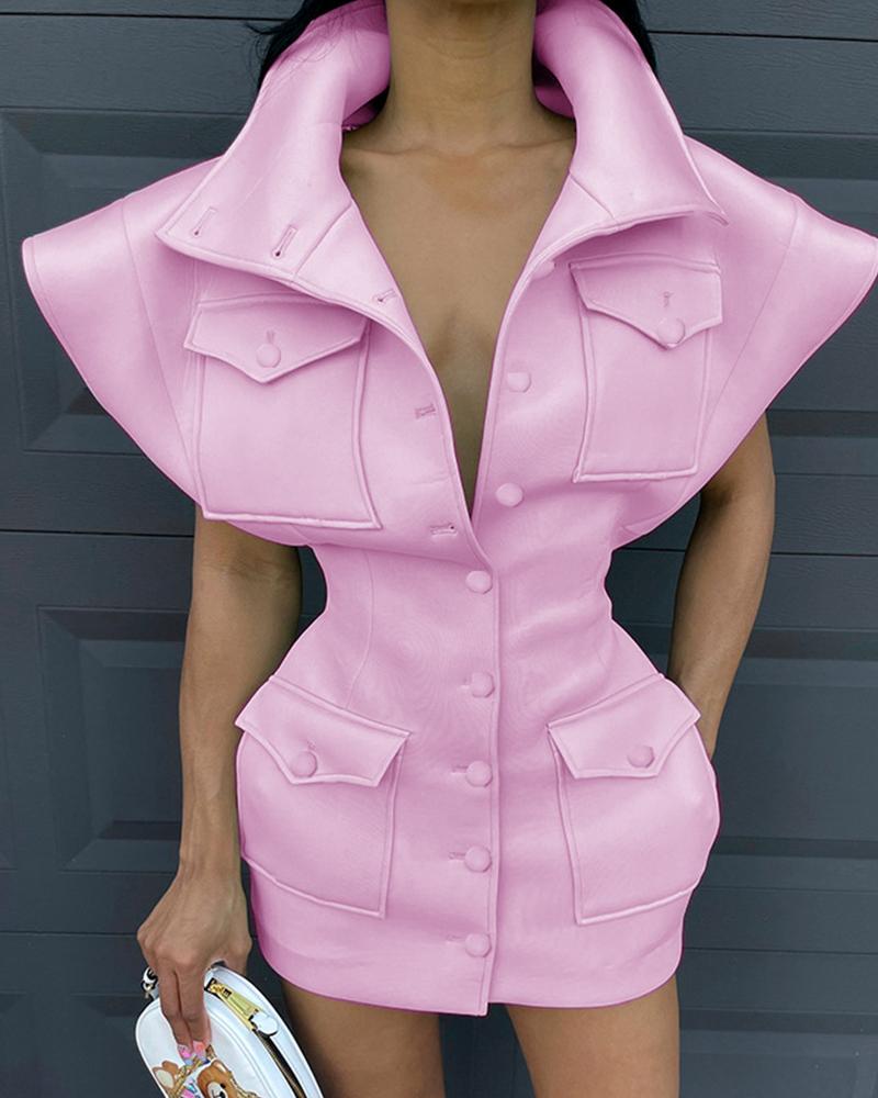 

Solid Color Cap Sleeve Skinny Waist Mini Dress, Pink