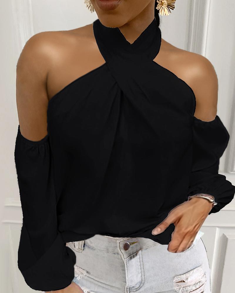 

Halter Cold Shoulder Zipper Design Back Women Top, Black