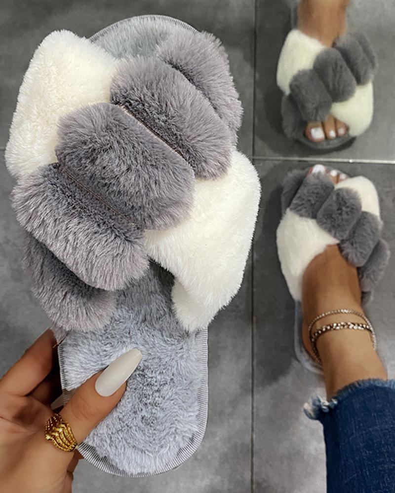 

Crisscross Round Toe Fuzzy Slippers, Gray