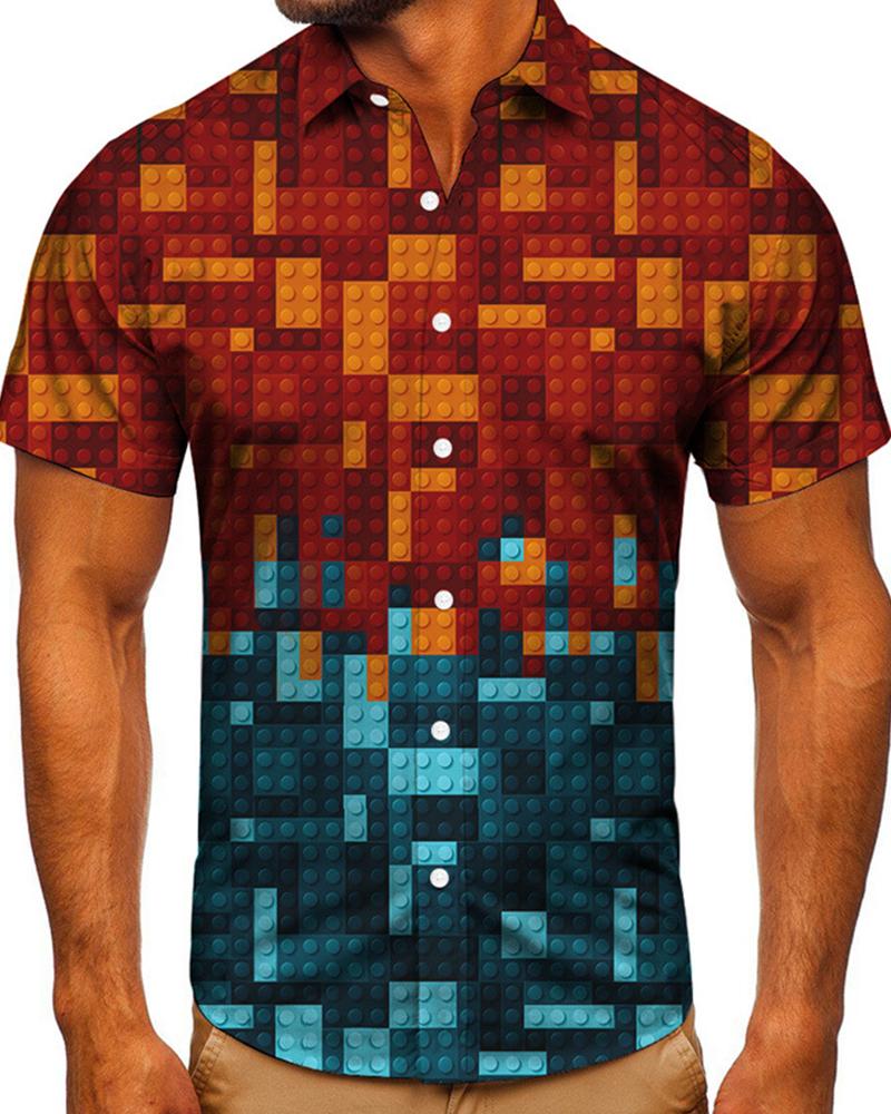 

Color Block Building Block Pattern Print Short Sleeve T-shirt, Multicolor