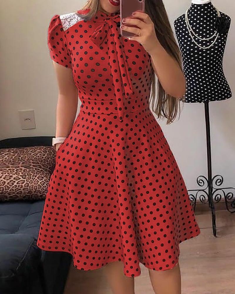 

Polkadot Print Short Sleeve Tie Neck Dress, Red