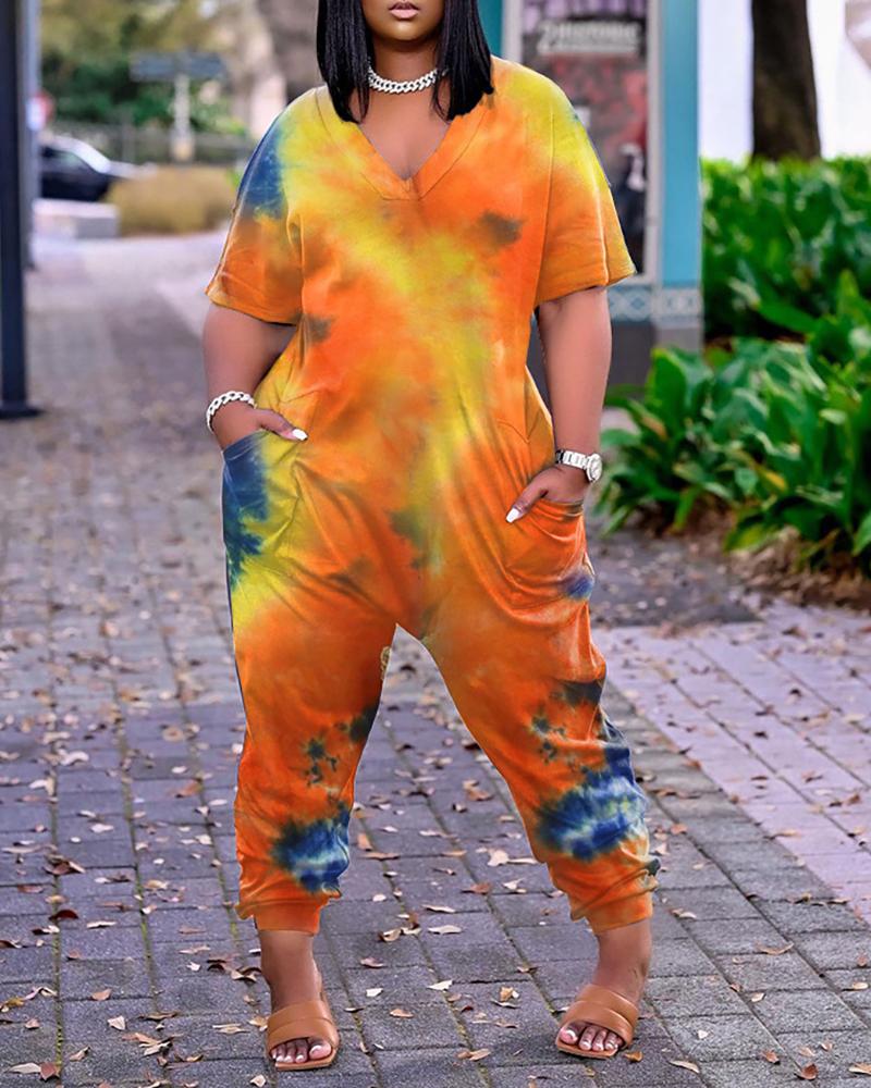 

Plus Size Tie Dye Print Short Sleeve Jumpsuit, Orange