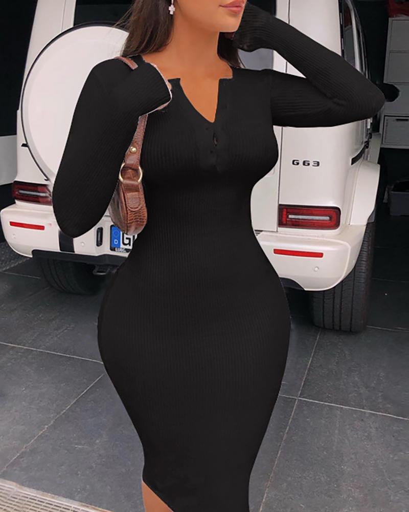 

Plain Button Design Ribbed Bodycon Dress, Black