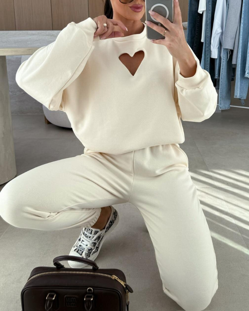 

Ensemble 2 pièces, haut uni à col rond et cœur ajouré, pantalon de survêtement à taille élastique et bas cintré, ensemble décontracté, Apricot