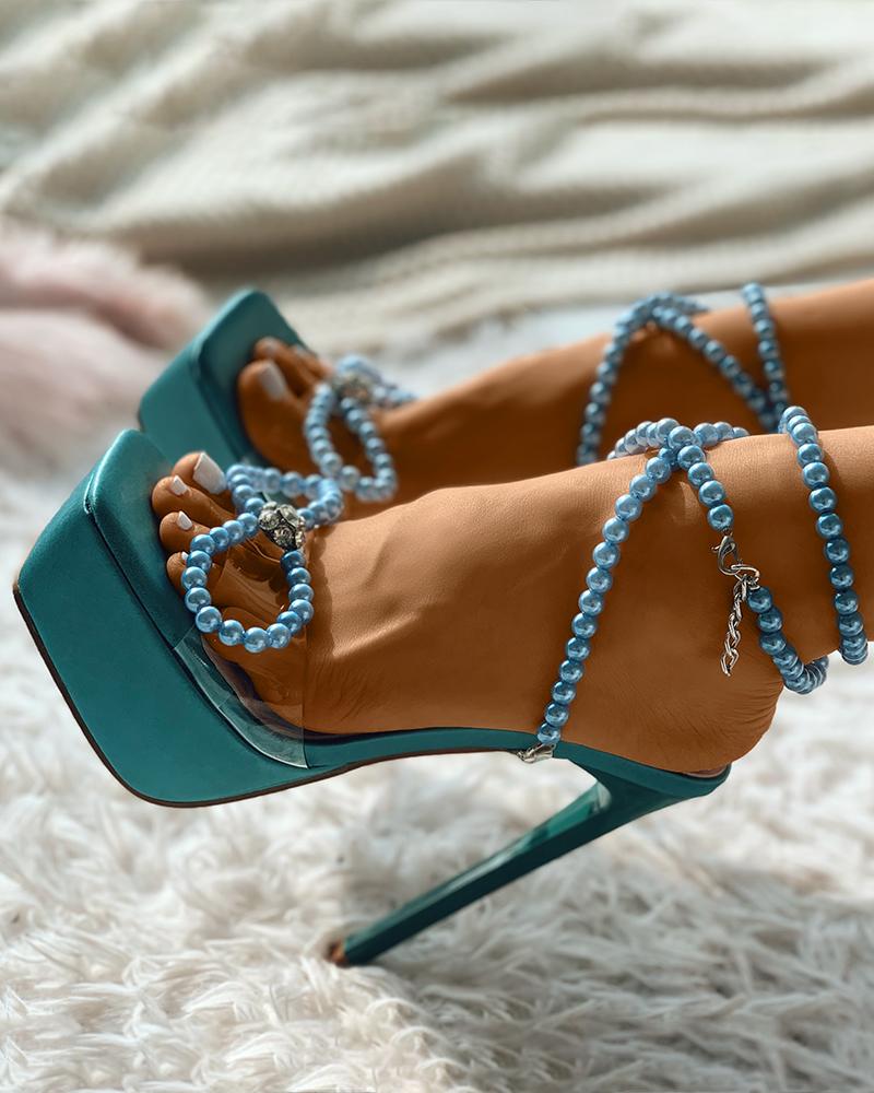 

Beaded Strappy Bowknot Clear Perspex Platform Heels, Blue