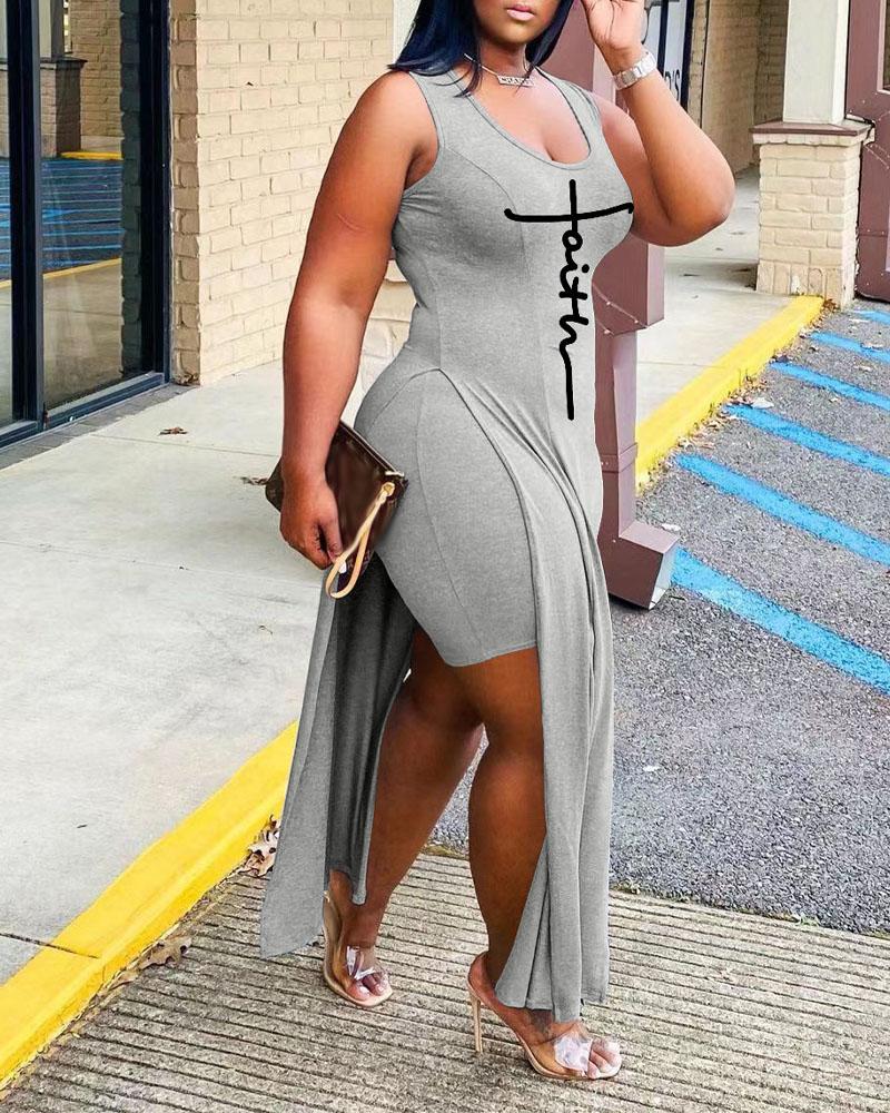 

Letter Print Split Side Longline Top & Shorts Set, Gray