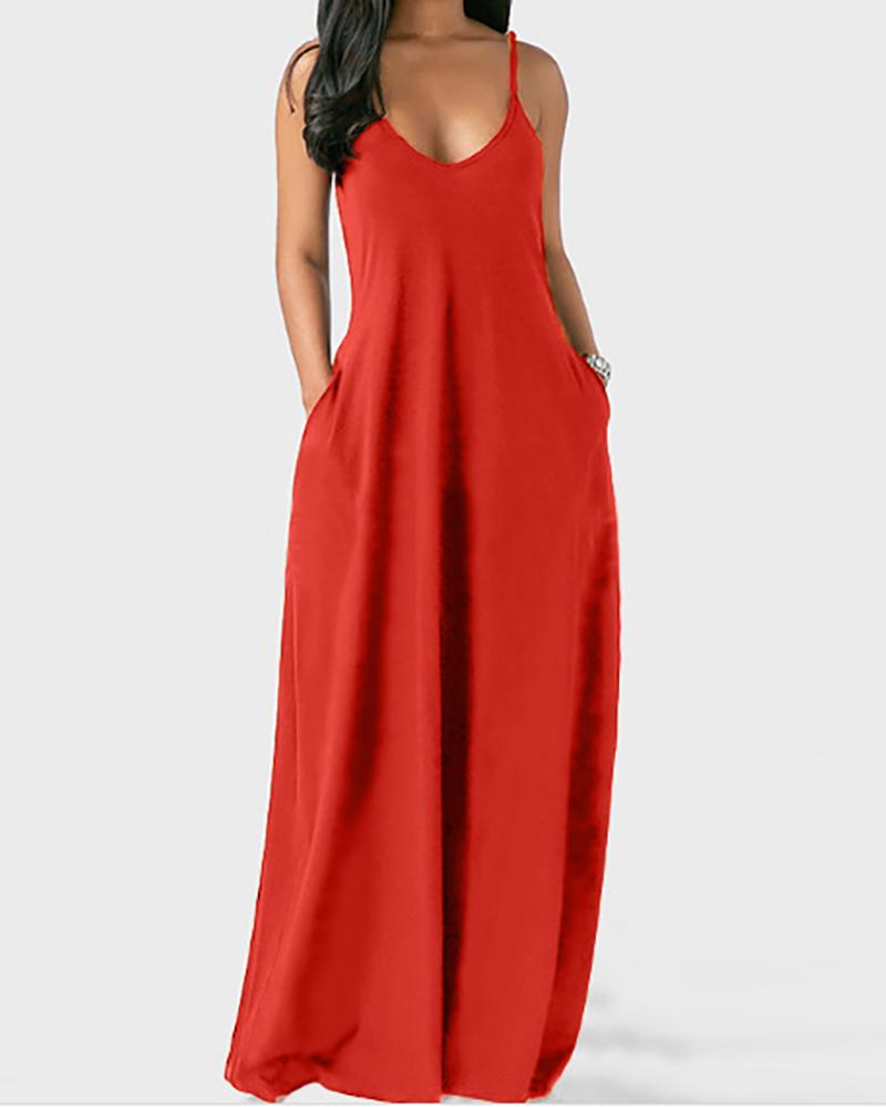 

Plus Size Pocket Design V-Neck Spaghetti Strap Maxi Dress, Red