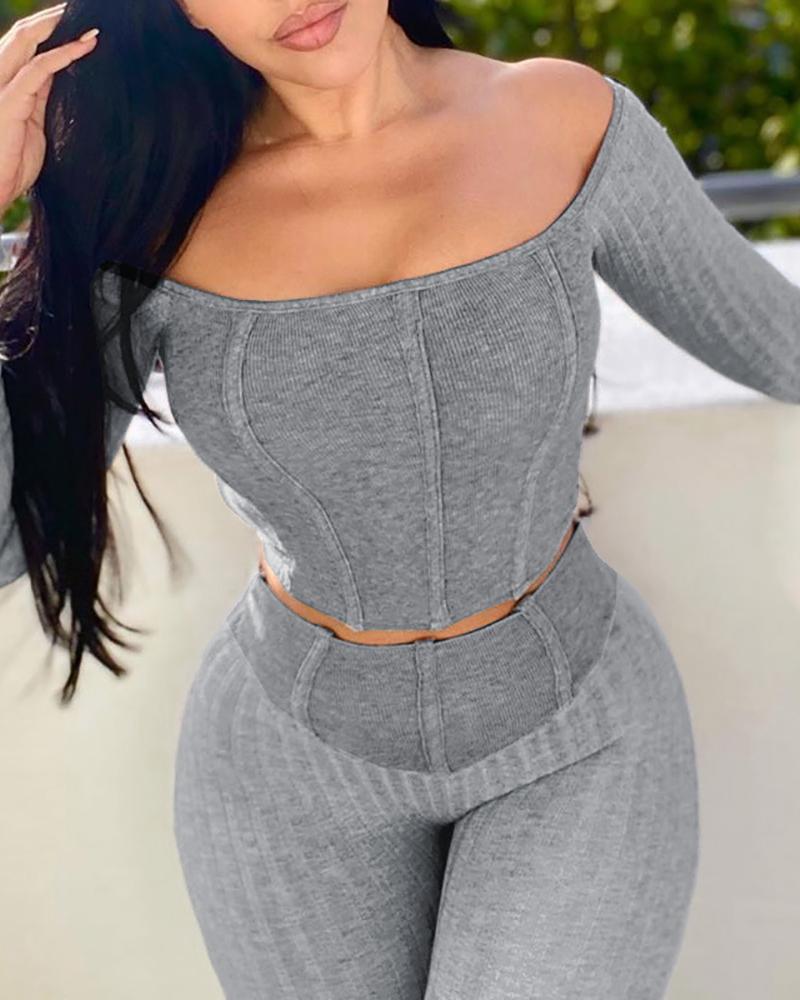 

Long Sleeve Crop Top & High Waist Pants Set, Gray