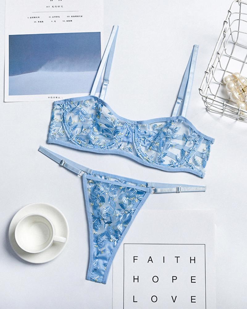 

Sexy See-through Mesh Splicing Floral Embroidery Sling Bra Sets, Blue