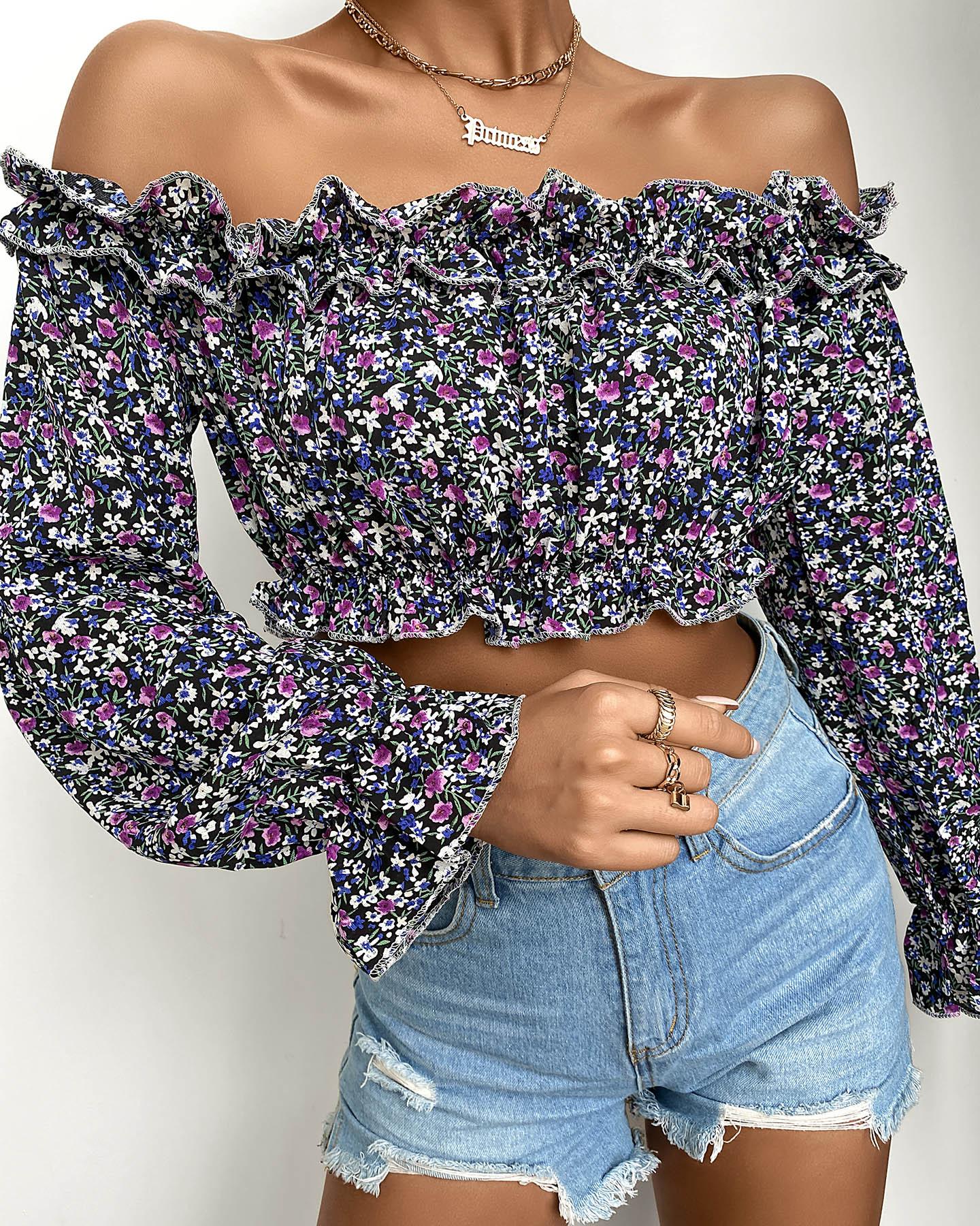 

Off Shoulder Frill Hem Ditsy Floral Print Crop Top, Blue