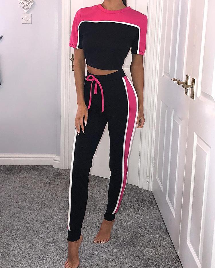 

Contrast Color Crop Top And Pant Sets Tracksuit, Pink