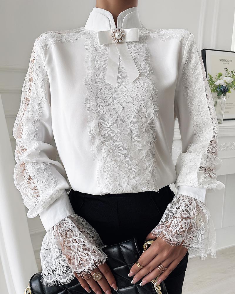 

Contrast Lace Flounce Sleeve Blouse With Beaded Bowknot Accessory, White