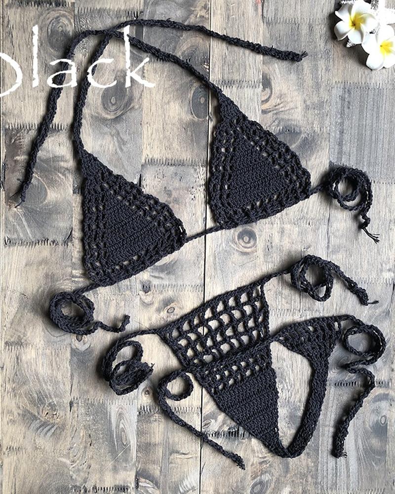 

See-through Solid Color Hollow-out Weave Halter Sleeveless 2-Piece Bikini Sets, Black