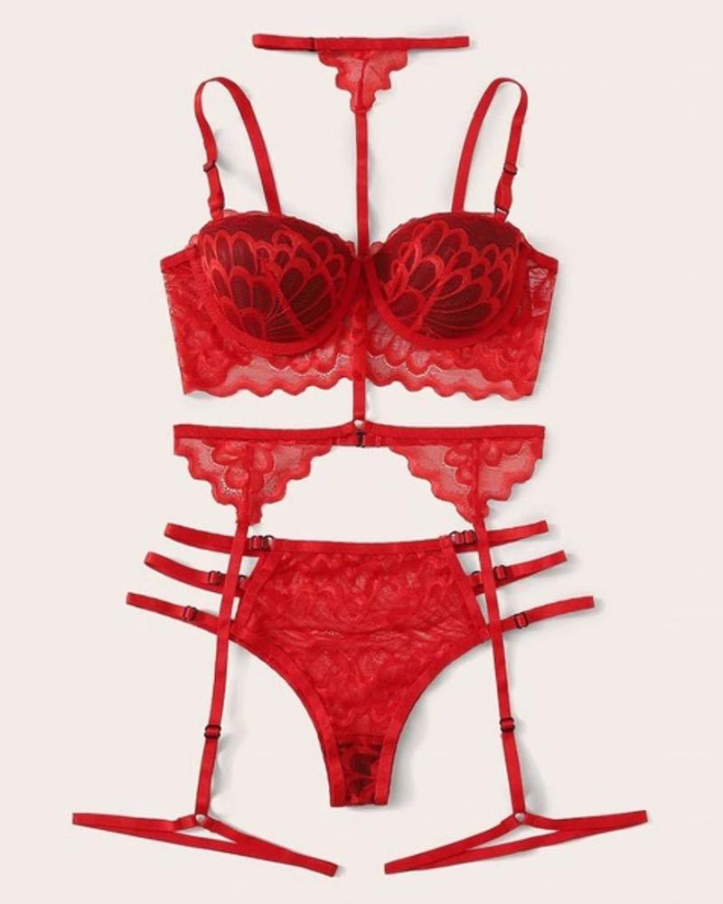 

Crochet Lace Cutout Garter Lingerie Set, Red